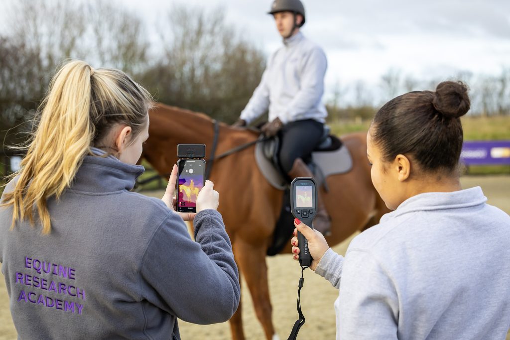 Learners using thermal imaging devices in an equine demonstration